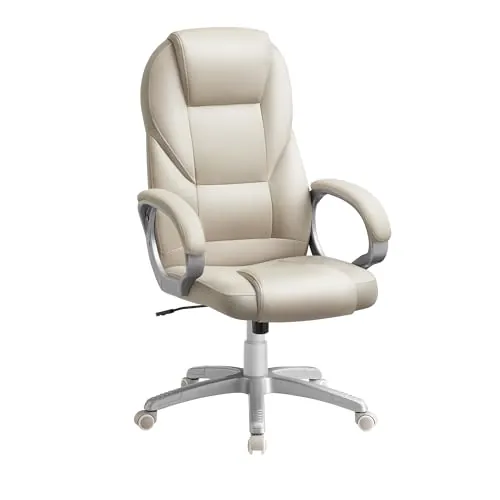 SONGMICS Silla de Oficina Ergonómica, Silla Giratoria con Ruedas, Silla de Escritorio, Altura Ajustable, Silla de Estudio, Blanco Crema OBG022W01