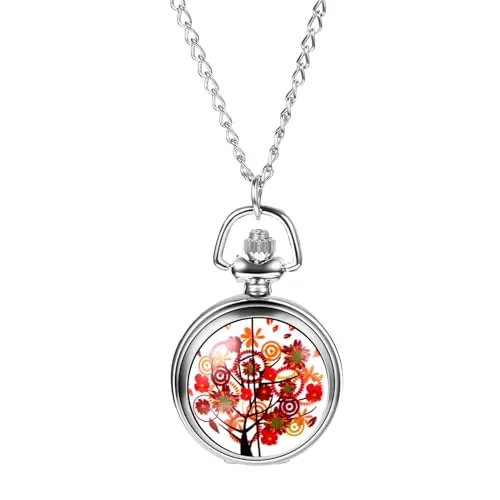JewelryWe Reloj Bolsillo Analógico Cuarzo: Reloj de Bolsillo Estampado para Mujer Esfera con Números Arábigos Cadena Jumper de Acero Inoxidable - para Coleccionar Nostalgia Regalos