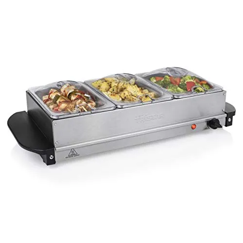 Tristar Calientaplatos Buffet de Acero Inoxidable para Fiestas y Buffets, 4,2 L, Termostato Ajustable, 3 Recipientes Calientaplatos, Función de Placa Calefactora, 200 W, Plateado, BP-6283