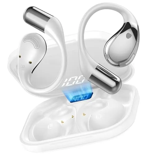 Auriculares Inalámbricos Bluetooth Open Ear, Sonido HiFi Estéreo con Gancho de Oreja, Pantalla LED, Impermeable IP7, Blanco