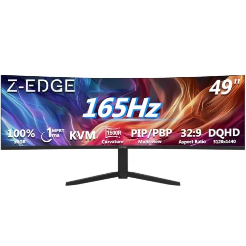 Z-Edge Monitor Gaming 49 Pulgadas 144 Hz, IPS, DQHD 5120 x 1440 Pantalla 32:9, FreeSync, Altura/Inclinación Ajustables,Giratorio, Pip/PBP, 10 bits, 400 CD/m², USB tipoC 65 W/HDMI2.1/DP1.4