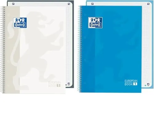 Oxford, Cuadernos A4, Pack 2 Libretas A4 Microperforadas Europeanbook 1, Tapa Extradura, Espiral, Cuadrícula 5x5, Color Azul Turquesa y Blanco