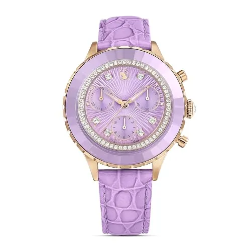 Swarovski Reloj Octea Chrono, Swiss Made, Correa de Piel de Becerro Italiana, Colección Octea, Cierre de Lengüeta, Mecanismo de Cuarzo, Acabado en Tono Oro Rosa, Morado