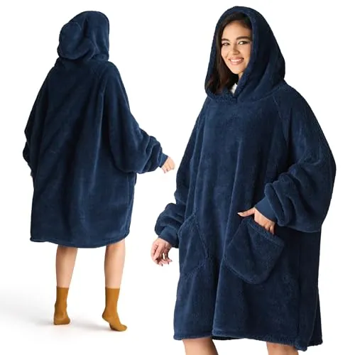 Bedsure Manta con Capucha y Mangas Regalo Azul - 95x85cm | Manta suave y cálida con mangas, portátil con bolsillos, ideal para sofá e invierno. Regalo para mujeres y hombres