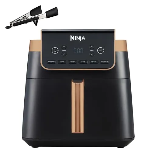 Ninja MAX PRO Freidora de aire, 6,2 L, cajón individual tamaño familiar, ideal para hornear y freír sin aceite, cajón antiadherente apto para lavavajillas, pinzas de silicona, negro/cobre, AF180EUCP