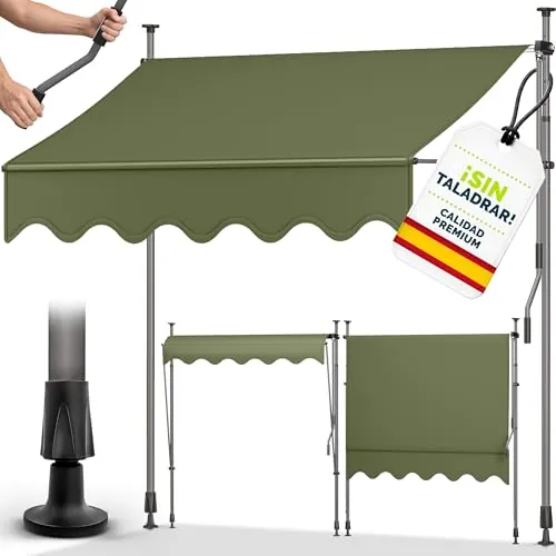 tillvex Toldo con manivela para balcón, sin agujeros, resistente a los rayos UV y altura regulable, protección solar para terraza y jardín, impermeable (verde militar, 300 cm)