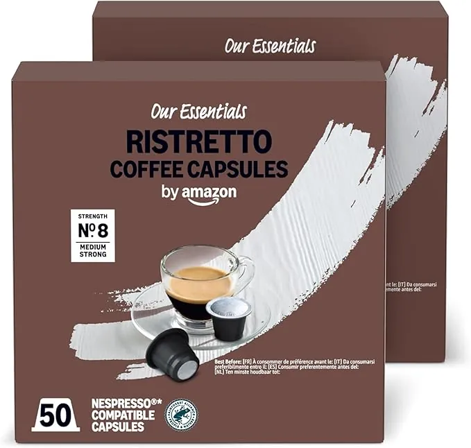 by Amazon Cápsulas de Café Ristretto de Plástico Compatibles con Nespresso, Tostado Medio, 100 Unidades (2 Paquetes de 50), Certificadas por Rainforest Alliance