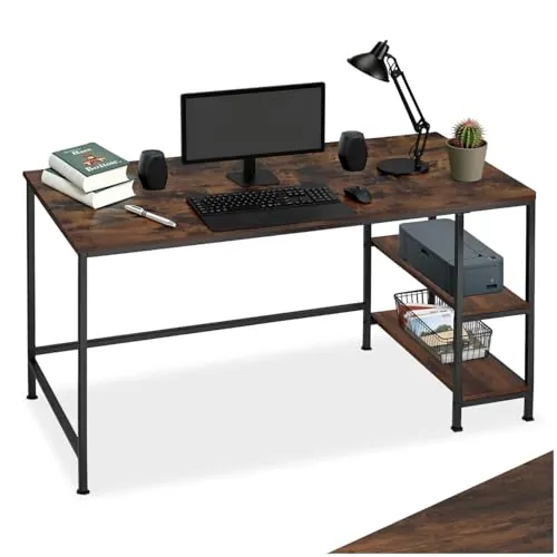 tectake® Mesa Escritorio con 2 Estantes Laterales, pies Ajustables, Moderno Escritorio para Ordenador, Mesa Oficina, fácil Montaje - 120 x 60 x 75,5 cm Madera Industrial Oscura, Rústica