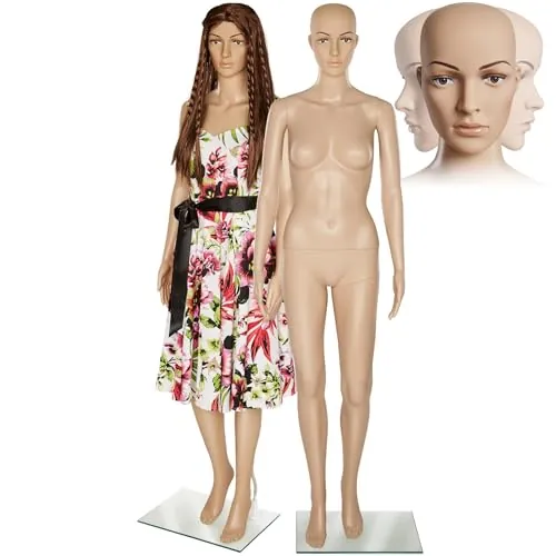 tectake® Maniquí, Giratorio y Móvil, Base de Cristal, Cabeza Reclinable, Brazos Móviles, Proporciones Reales, Robusto, Peso Ligero, Maniqui Regulable, Busto Maniqui - Mujer