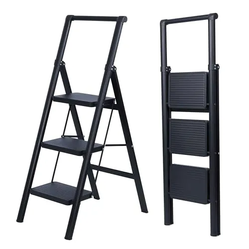 UZIRO Escalera Plegable 3 Peldaños, Liviana y Compacta, Diseño Decorativo, Peldaños Anchos Antideslizantes, Ideal para Uso en Hogar, Cocina y Oficina, Fácil de Guardar y Transportar, Alta Durabilidad
