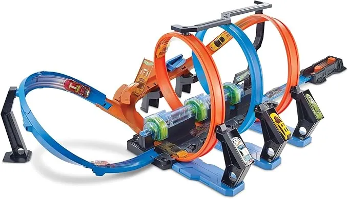 Hot Wheels Triple Looping, 3 zonas de choque y 3 propulsores, pista de coches de juguete forma de tirabuzón, FTB65