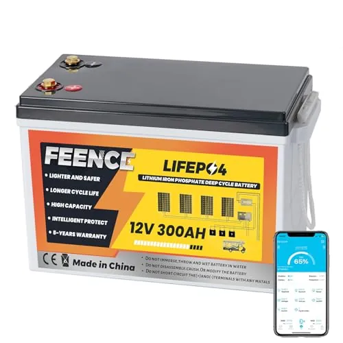 FEENCE - Batería Bluetooth LiFePO4 de 12 V 300 Ah, batería de litio Bluetooth BMS de 200 A, 12 V 300 Ah, hasta 15000 ciclos, máx. Energía 3840Wh con corte de baja temperatura, perfecta para vehículos