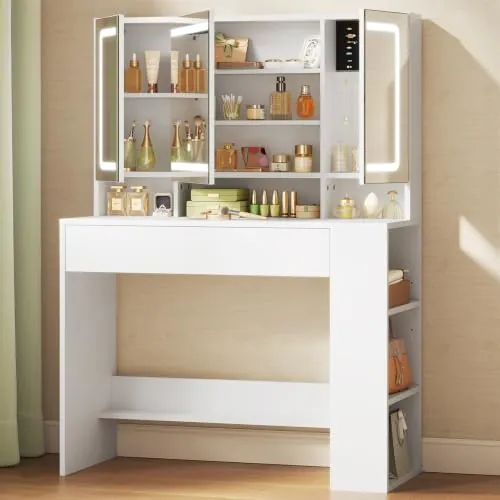 WOLTU Tocador de Maquillaje con Espejo Grande de 3 Puertas y Luz LED | Brillo Regulable, Tocador con 2 Cajones, Estantes Laterales, Zona Joyero, Mueble Moderno para Dormitorio, Blanco