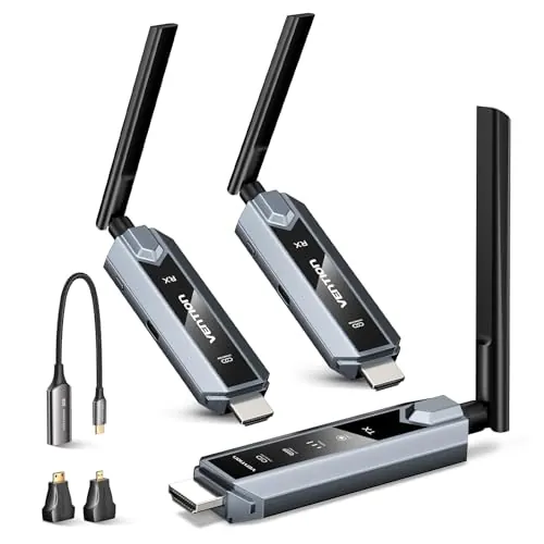 VENTION Transmisor y Receptor HDMI Inalámbrico 656FT con Pantalla LED y Control térmico, hasta 6 RXs, Plug & Play extiende señal 4K Desde PC/proyector/TV Box(1TX+2RX)