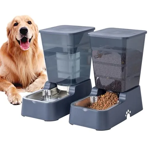Dispensador automático de comida para perros y agua para perros, 5 L, dispensador de comida para gatos y gatos para perros medianos y grandes, gatos y otros animales (juego de 5 L, gris oscuro)