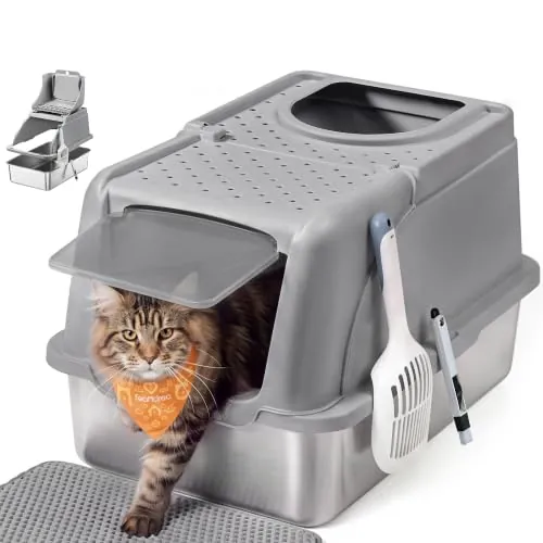 Feandrea Arena Gato, Inoxidable para Gatos con Tapa Abatible, Gris Paloma | Arenero XL, a Prueba de Fugas, Cuchara, Alfombrilla, Doble Entrada, Carga de Encimera de 15 kg, Colección BOXAL PPT005G01