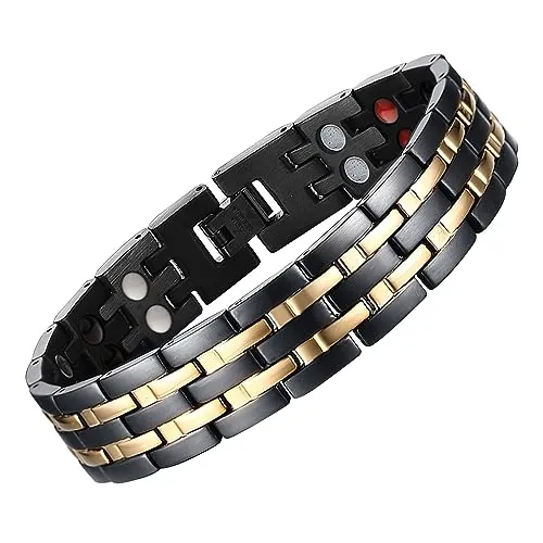 JFUME Pulseras magnéticas para hombres con baño de oro de 18k y acero inoxidable negro PVD con herramienta de eliminación de enlaces ajustable de 8.5"