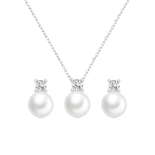 Huacan - Conjunto de collar y pendientes con perlas de plata de ley 925, perlas cultivadas en agua dulce, colgante para novia, juego de joyas de boda, One Size, Perla sintética, No es una piedra