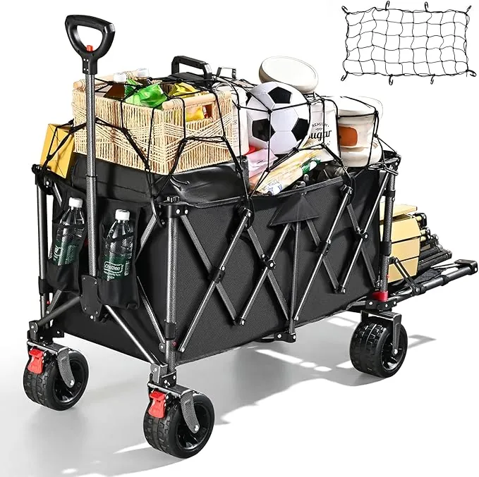 YEAUPE PRO XXXL Carro Playa Ruedas Grandes 200-300L – Frenos Dobles, Ruedas Anchas, Estructura Reforzada, Mango Ajustable, Ideal para Playa y Camping – Red elástica incluida, Negro Carbón
