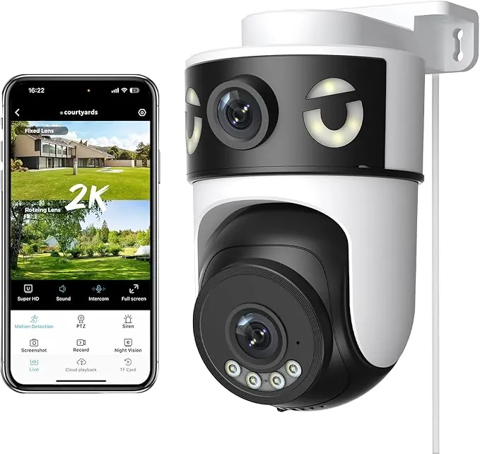 Reobiux 2K Camara Vigilancia WiFi Exterior con Doble Lente, Cámara IP Vigilancia Domicilio con Visión Nocturna Color, Seguimiento Automático, Audio Bidireccional, Grabación Continua 24/7, IP66