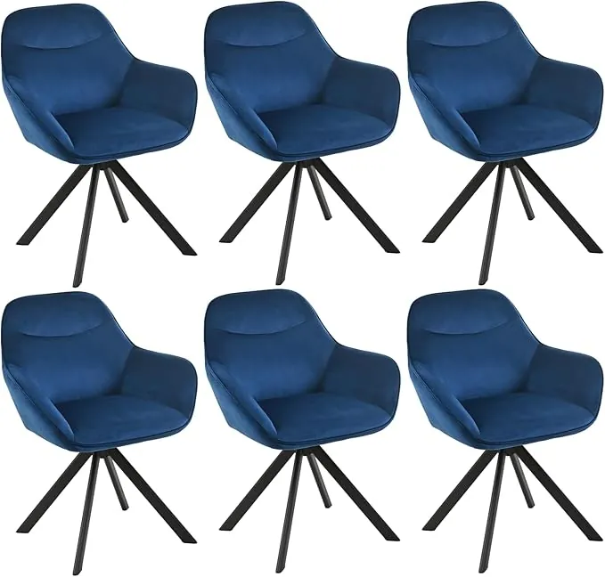 Juego de 6 sillas de Comedor giratorias con reposabrazos, giratorias 360°, tapizadas de Terciopelo, Sillón Moderno de Estilo Nórdico con Patas de Metal para Comedor Salón, Azul Oscuro