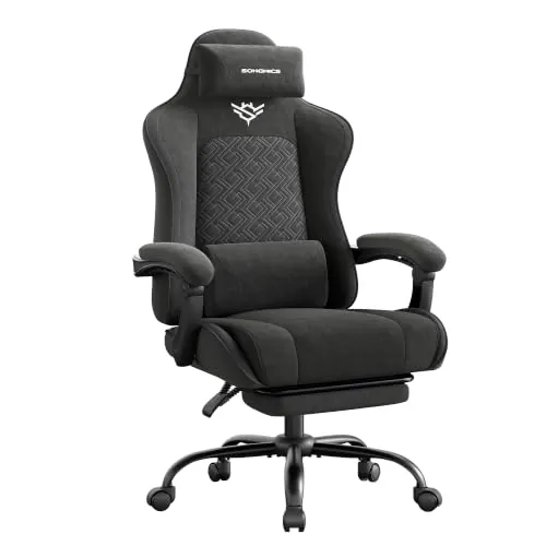SONGMICS Silla Gaming Ergonómica, con Reposapiés y Soporte Lumbar | Tela de Poliéster Transpirable, Reclinable a 135°, 70 x 70 x (123,5-133) cm, para Oficina, Negro, Colección CATHY OBG079B401