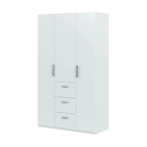 Habitdesign Armario Ropero 3 Puertas y 3 cajones, 203x117x52 (AltoxAnchoxFondo - en Cm), con Barra Colgadora y Estantes, Color Blanco Brillo