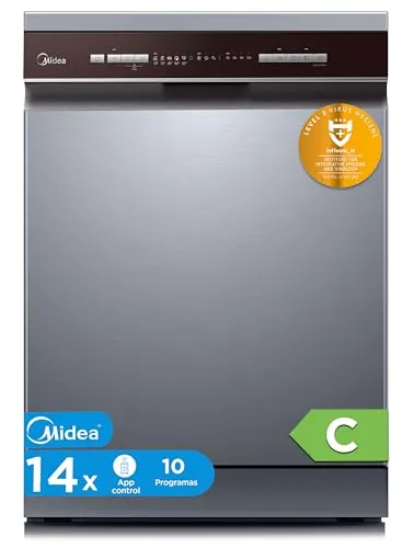 Midea Lavavajillas 60 cm+++ Inox para 14 servicios - Lavaplatos libre instalación - Compacto con 10 Programas de Lavado integrable - Filtro Antibacterias y Programación Horaria Nuevo Modelo