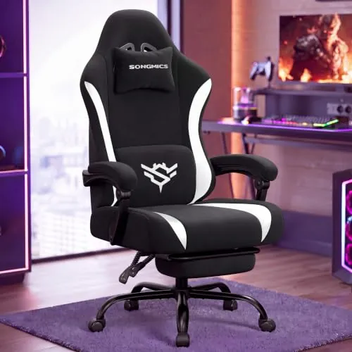 SONGMICS Silla Gaming, Silla de Escritorio Ergonómica de Poliéster, Reclinable 135° con Reposapiés, Soporte Lumbar, 70 x 70 x 120-130 cm, Negro y Blanco, Colección Cathy OBG092BH01