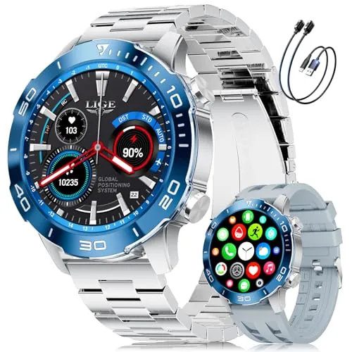 LIGE Reloj Inteligente Hombre, 1.43" AMOLED Smartwatch con 24/7 Frecuencia Cardíaca, SpO2, Duración del Sueño, A Prueba de Agua IP68, 170+ Deportes, 300+ Esfera, Caja Plateada con Bisel Azul