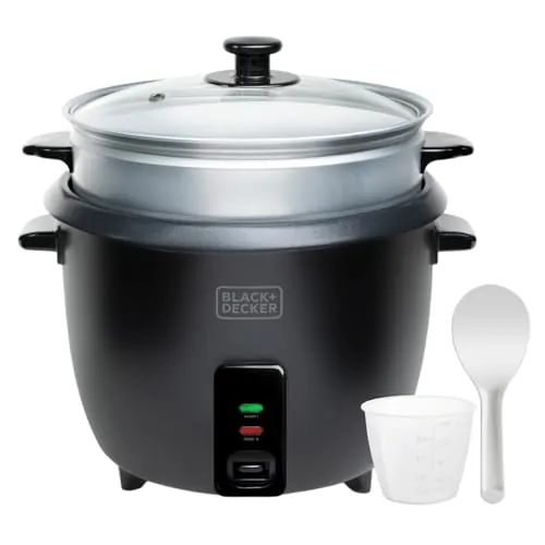 BLACK+DECKER - Arrocera Eléctrica BXRC1800E | 700W | 1,8L hasta 7 Raciones | Cocción y Mantenimiento Calor | Antiadherente | Vaso Medidor y Cuchara | Apta Lavavajillas | Negro
