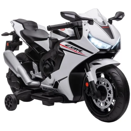 HOMCOM Moto Eléctrica con Licencia HONDA Niños 3-5 Años 90x44x52 cm Blanco | Moto a Batería 6V, Faro Bocina Música, Ruedas Auxiliares Extraíbles, Carga 30 kg