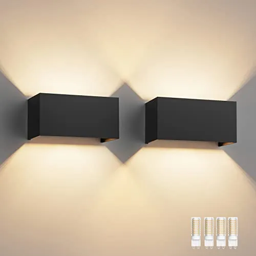 Klighten 2PCS 18W Aplique pared LED Con G9 LED Bombillas Reemplazables, Blanco Cálido 3000K Lampara de pared Interior/Exterior IP54 Ángulo ajustable Lámpara Pared Negro