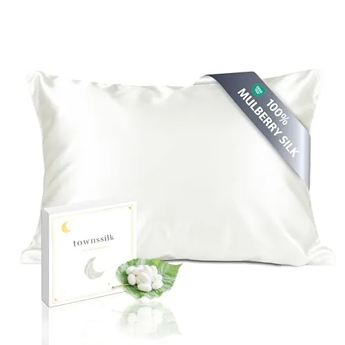 TOWNSSILK - Funda de Almohada 100% de Seda de Morera, cuida el Cabello y la Piel, Ambos Lados de Seda de 19 Momme, 1 Unidad,Naturalwhite， 50 x 90 cm