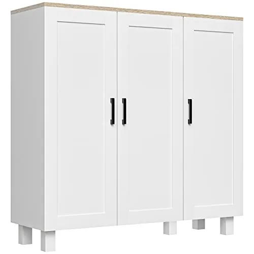 HOMCOM Aparador Estrecho de 3 Puertas, Aparador de Salón con Estantes Ajustables, para Cocina, Entrada, Comedor, Dormitorio, Negro, 90x30x90 cm, Blanco
