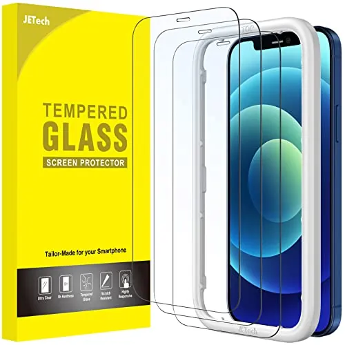 JETech Protector Pantalla Cobertura Completa para iPhone 12/12 Pro, 3 Uds. | Marco de Instalación Fácil, Cristal Vidrio Templado HD Claro, Amigable para Funda, Protección Borde a Borde