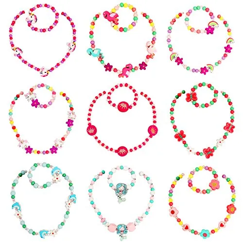 Hifot niña Collar Pulseras 18 Piezas Niños Juegos de joyas, Unicornio Sirena Flamenco Mariposa Arco iris Flor Madera Abalorios Joyería set Artículos de fiesta Regalo