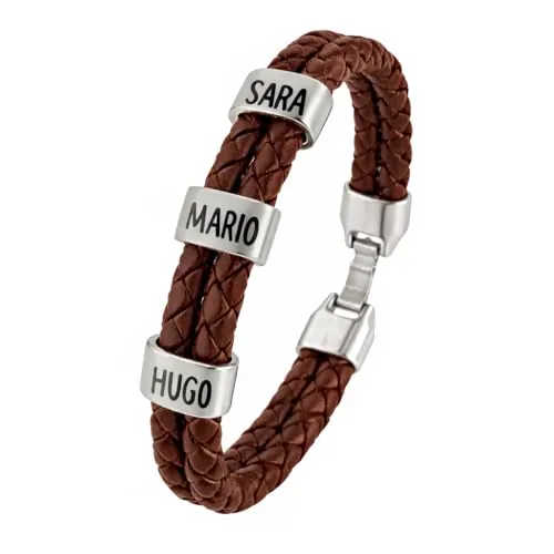 Pulsera con Nombres Personalizada. Piezas Baño Plata y Cuero Auténtico Español. Tallas a Personalizar. Colores. Pulsera Hombre con Nombres. Estuche Incluido. Modelo (Trenzado Doble Marrón)