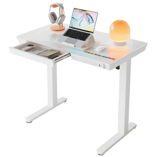 HUANUO Escritorio Elevable Eléctrico, 88x50cm, Vidrio Blanco con Cajón