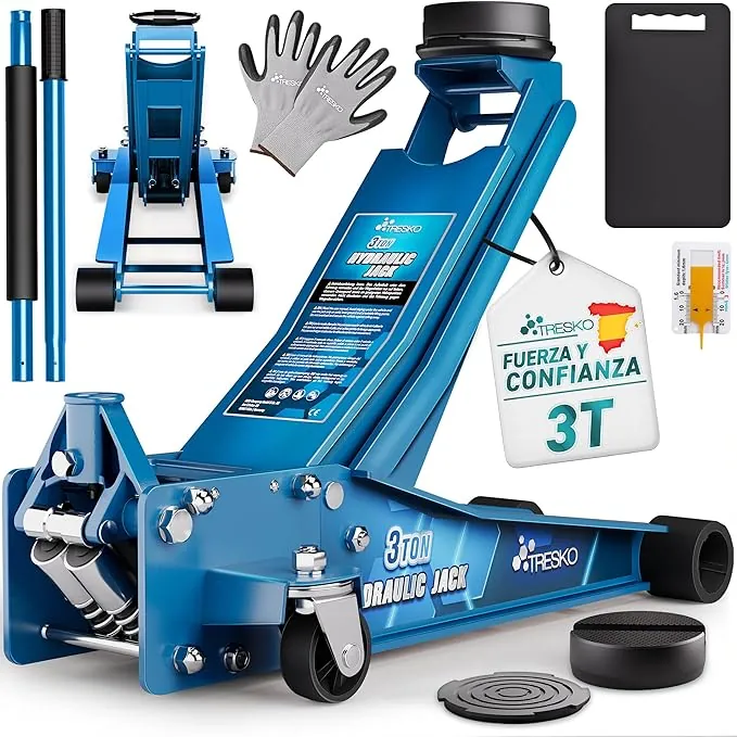TRESKO® gato hidráulico 3T altura de elevación 75-510mm | Hidráulico para vehículos de maniobra gato plano con doble pistón y ruedas de 360° | Eleva auto incluye 2X almohadilla de goma, alfombrilla de