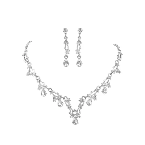 TTPSRY 2 Piezas Conjunto Joyería Nupcial Collar Pendientes Cristal Brillante Gota Agua Adornos Florales Elegantes Accesorios Ceremonia