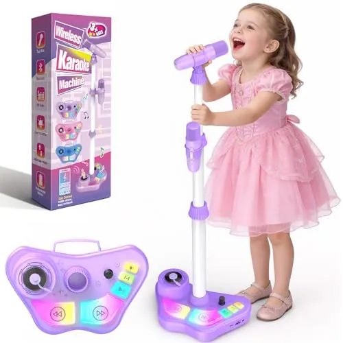 Dislocati Micrófono para Niños con Altavoz, Juguete Regalo para Niñas de 3 Años en Adelante, Soporte Ajustable 47-108 cm, Inalámbrico con Bluetooth, Luces LED, Morado