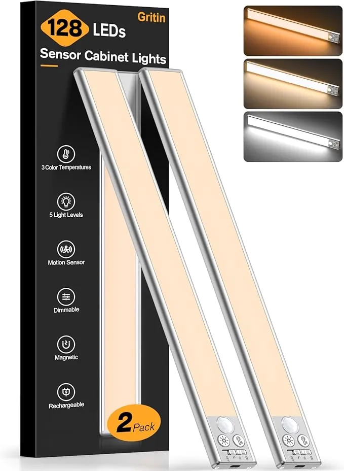 Gritin 37.5CM Luz de Armario Recargable con Sensor de Movimiento, 2 Pack LED Luces Cocina - 3 Modos de Color, 5 Niveles de Brillo, Atenuación Continua, Ideal para Gabinete, Cocina, Escalera, Pasillo