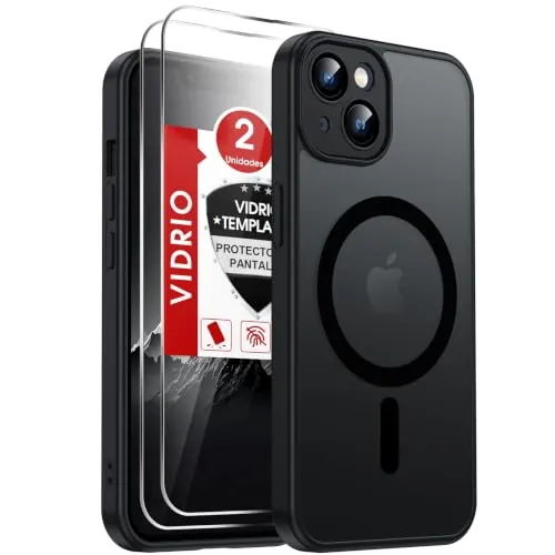 LeYi Funda Magnética para iPhone 13 con 2× Cristal Templado, Negro | Compatible con MagSafe Mate Carcasa Translúcido Esmerilado Grado Militar Antigolpes Case