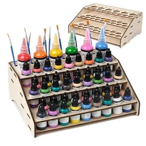 HOLDLEAF Organizador de botellas de pintura en madera para pinturas de mesa y modelismo con 61 perforaciones (Ø36/26/9mm) Organizador de pinturas con Vallejo, Army Painter, AK (Módulo A)