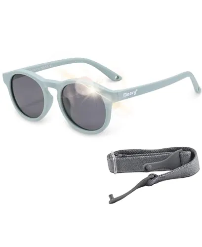 Maesy Gafas de Sol Niño 1-3 Años - Lentes Polarizadas UV400 Categoría 3 - Montura Flexible con Correa Ajustable - Diseño Redondo, Seguras y Cómodas - Bowi, Azul Claro