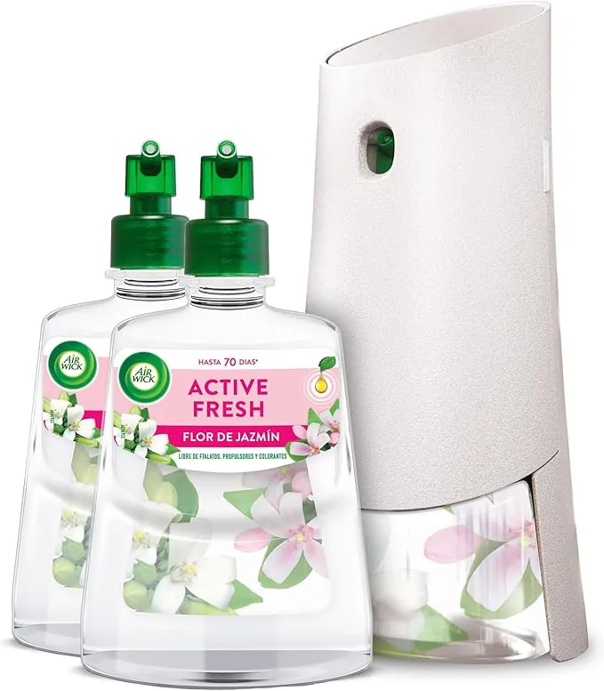 Air Wick Spray Automático Sin Aerosol, Ambientador Hogar Fragancia Flor de Jazmín, 1 Aparato, 2 Recambios, 24 x 7 Active Fresh Neutralizador de Olores, hasta 70 Días de Frescor