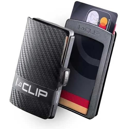 I-CLIP Original Billetera Slim para Hombre - Cartera con Clip - Mini Monedero para hasta 12 Tarjetas - Ultraligera 22g - Cuero Genuino Aspecto Carbono - Marco Negro