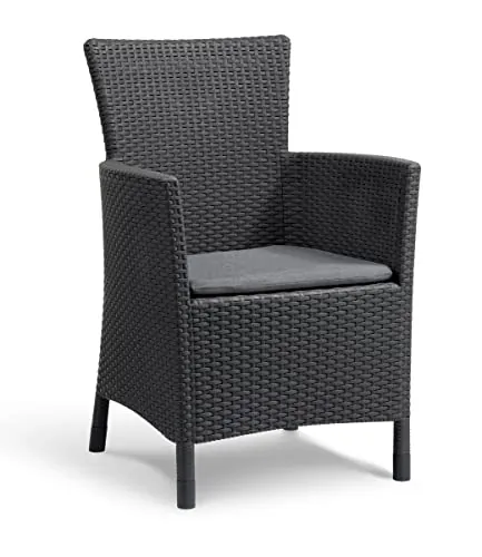 Keter Iowa - Sillón de jardín para Exterior e Interior con cojín Incluido, Resina con Acabado de ratán Plano, Color Grafito