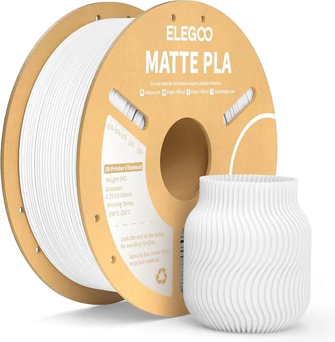 ELEGOO Filamento PLA MATE 1.75 1KG Blanco, Filamento para Impresora 3D, Precisión Dimensional +/- 0.02mm, Carrete Filamento 3D,para Mayoría Impresoras 3D